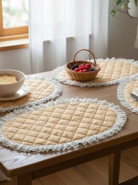 Vintage Yellow Gingham Lace Trim Cotton Quilted Placemats Cottagecore Spring